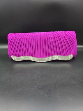 Hot Pink Pleated Evening Clutch with Rhinestone Accent